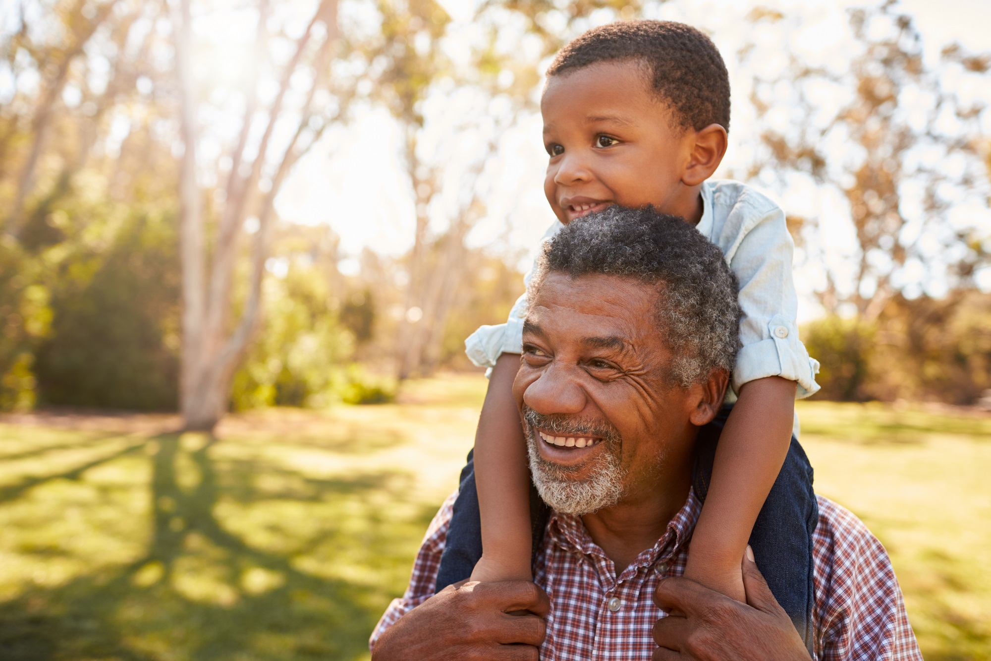 Man and small boy on shoulders smiling in park on sunny day