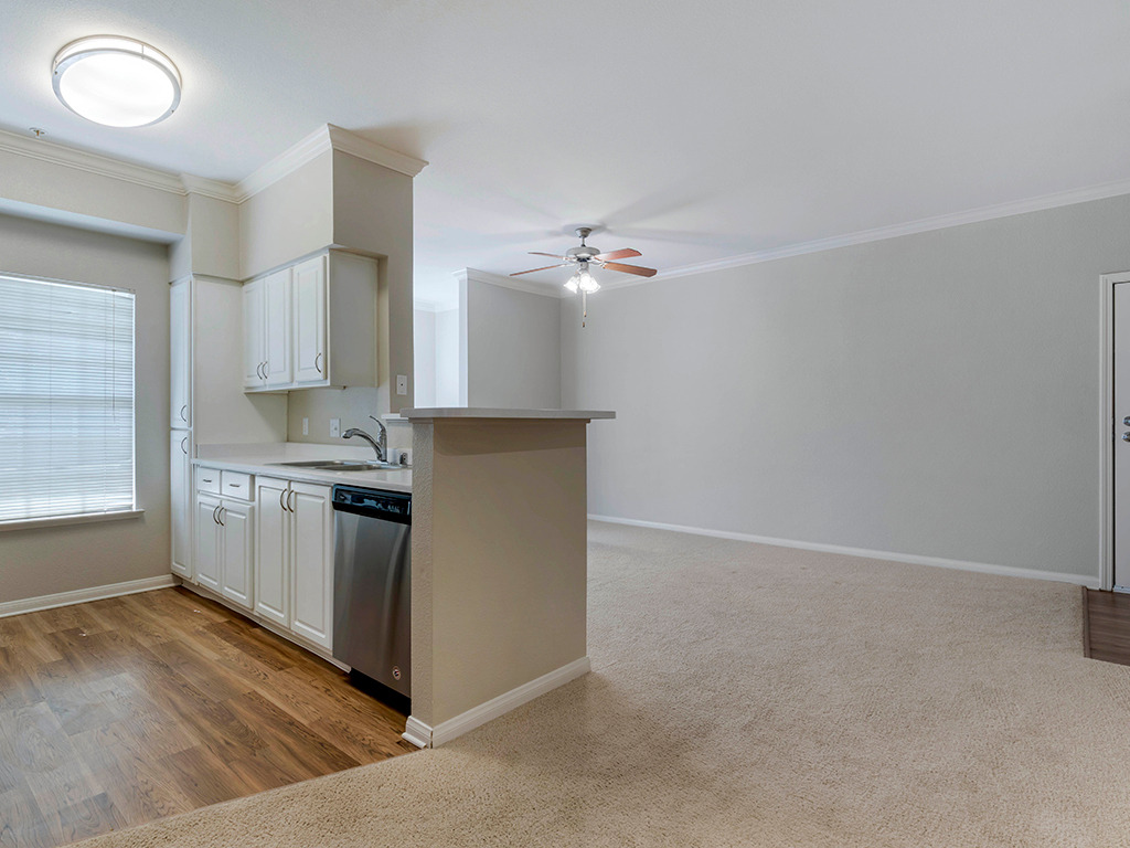 Living room area with carpet flooring and white walls, with kitchen and stainless steel appliances and wood flooring